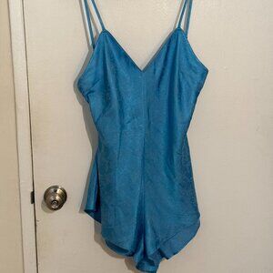 Victoria's Secret Blue Satin Shorts Romper Jumper Adjustable Straps Tie Back NWT